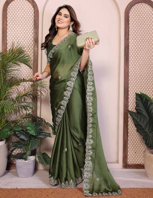 green satin chiffon sequins embroidered saree 4