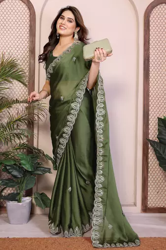 green satin chiffon sequins embroidered saree