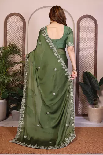 green satin chiffon sequins embroidered saree