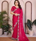 Engaging pink satin chiffon embroidery multi sequence work indian wedding saree