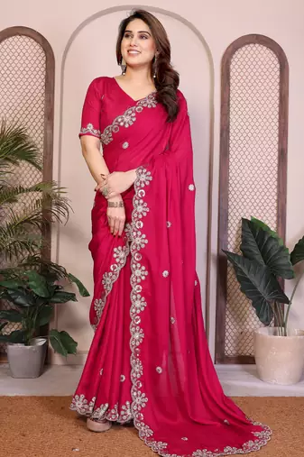 pink satin chiffon sequins embroidered saree
