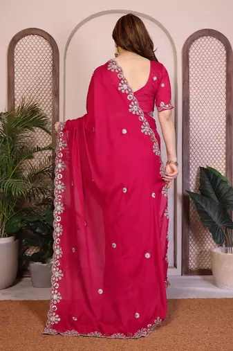 pink satin chiffon sequins embroidered saree