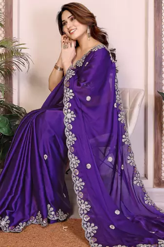 purple satin chiffon sequins embroidered saree