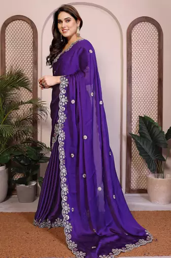 purple satin chiffon sequins embroidered saree