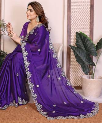 purple satin chiffon sequins embroidered saree 4