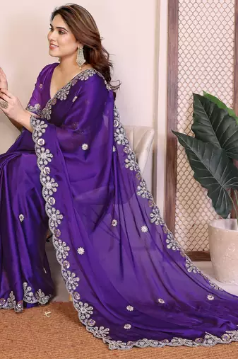 purple satin chiffon sequins embroidered saree