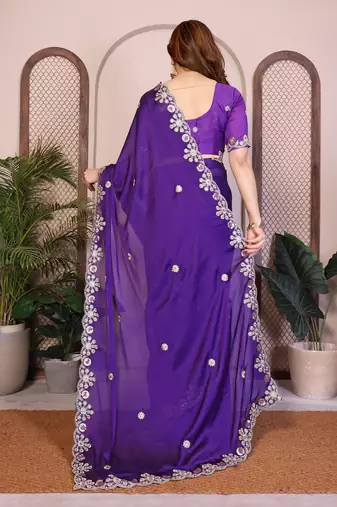 purple satin chiffon sequins embroidered saree