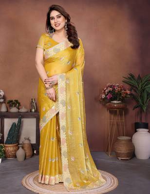 yellow chiffon sequins embroidered designer saree 1