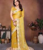 Alluring yellow frendy chiffon embroidery multi sequence work indian designer traditional saree