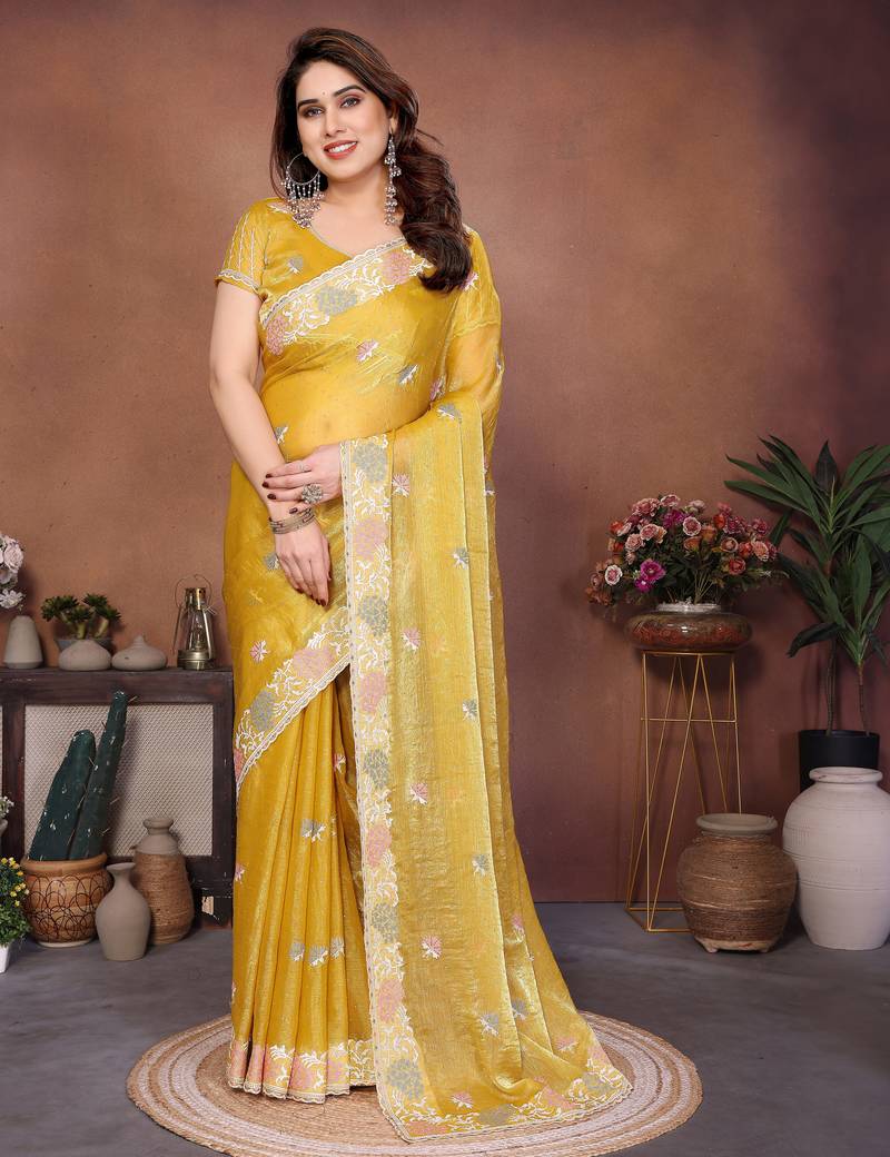 Alluring yellow frendy chiffon embroidery multi sequence work indian designer traditional saree