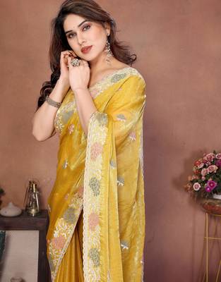yellow chiffon sequins embroidered designer saree 2