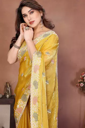 yellow chiffon sequins embroidered designer saree