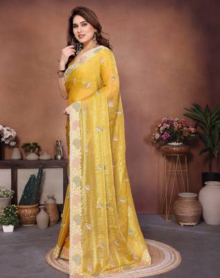 yellow chiffon sequins embroidered designer saree 3