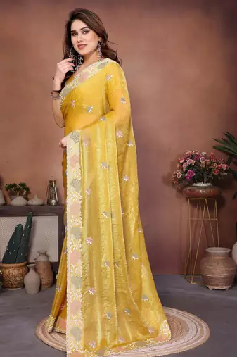yellow chiffon sequins embroidered designer saree