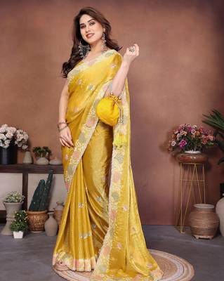 yellow chiffon sequins embroidered designer saree 4