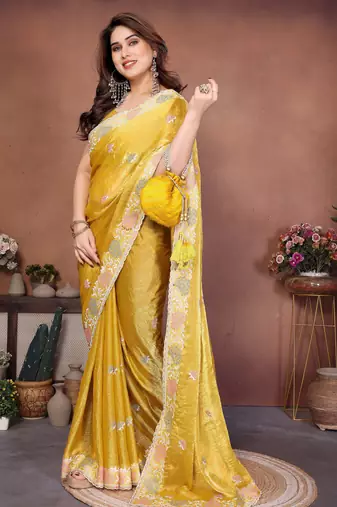 yellow chiffon sequins embroidered designer saree