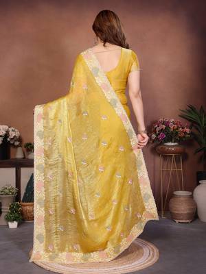 yellow chiffon sequins embroidered designer saree 5