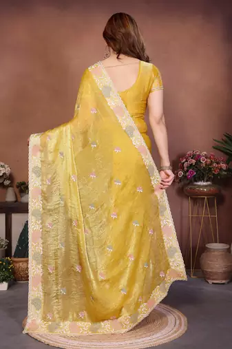 yellow chiffon sequins embroidered designer saree