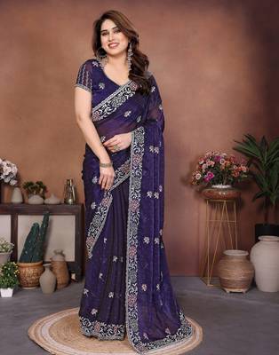 blue chiffon sequins embroidered party wear saree 1