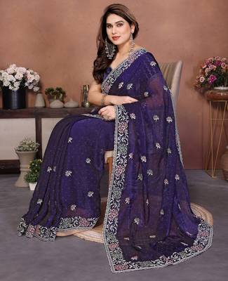 blue chiffon sequins embroidered party wear saree 2