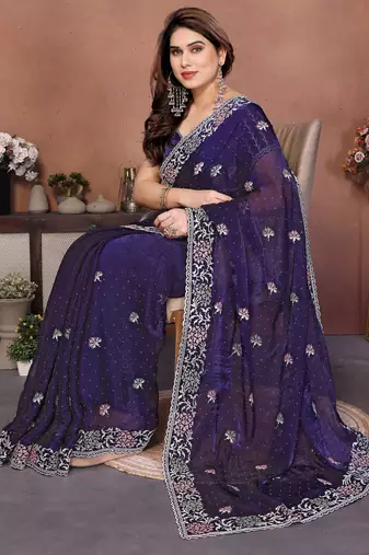 blue chiffon sequins embroidered party wear saree