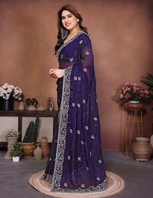blue chiffon sequins embroidered party wear saree 3