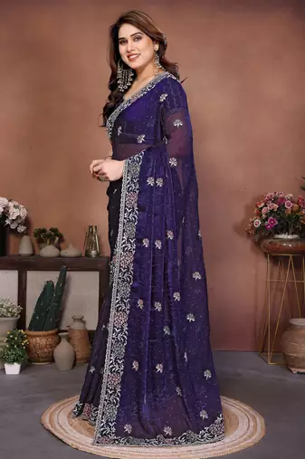 blue chiffon sequins embroidered party wear saree