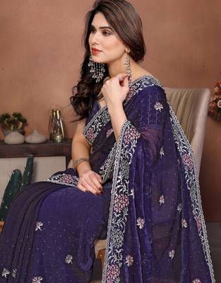 blue chiffon sequins embroidered party wear saree 4
