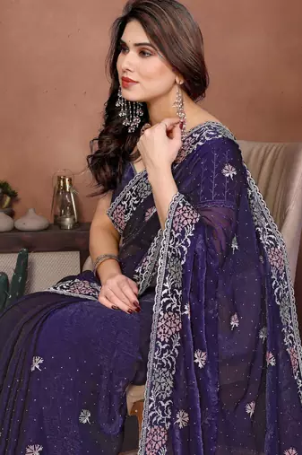 blue chiffon sequins embroidered party wear saree