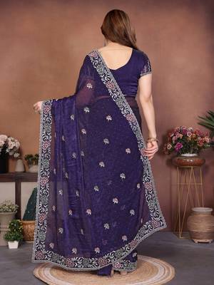 blue chiffon sequins embroidered party wear saree 5