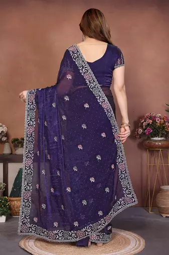 blue chiffon sequins embroidered party wear saree