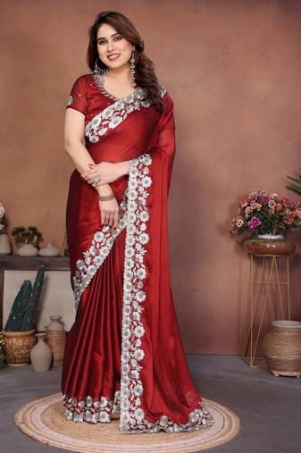 Ravishing maroon rangoli silk embroidery zari work indian festival saree