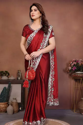 maroon rangoli silk zari embroidered saree