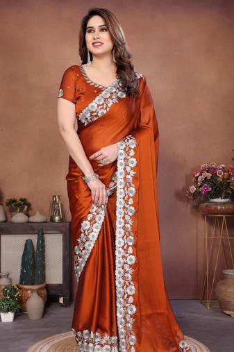 Irresistible orange rangoli silk embroidery zari work indian ceremonial saree
