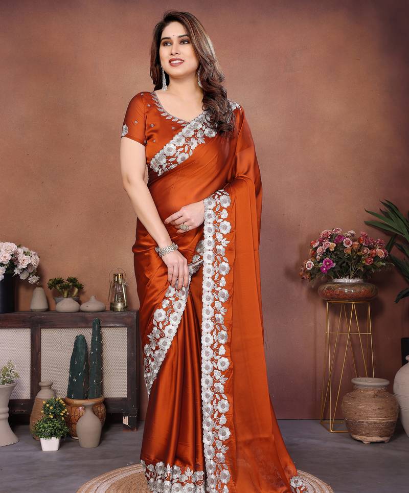 Irresistible orange rangoli silk embroidery zari work indian ceremonial saree