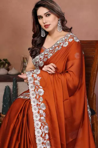 orange rangoli silk zari embroidered saree