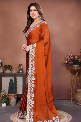 orange rangoli silk zari embroidered saree