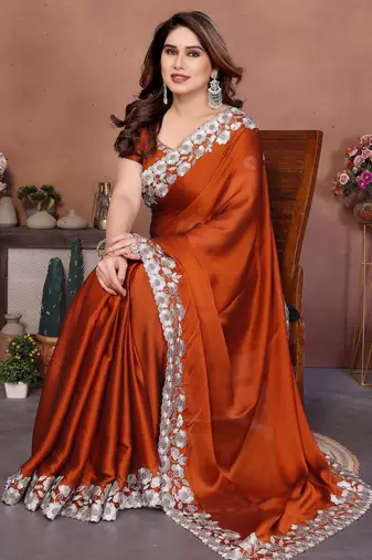 orange rangoli silk zari embroidered saree
