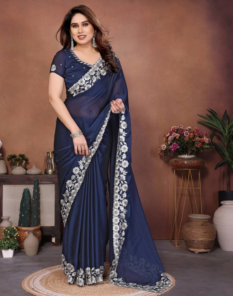 Spellbinding navy blue rangoli silk embroidery zari work indian ceremony saree