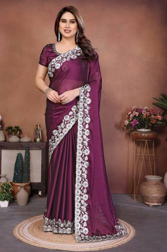 Entrancing wine rangoli silk embroidery zari work indian bollywood saree