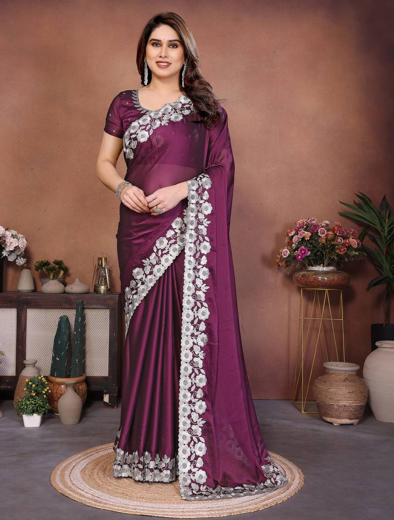 Entrancing wine rangoli silk embroidery zari work indian bollywood saree
