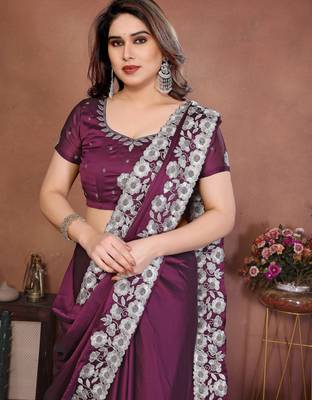 wine rangoli silk zari embroidered party wear saree 2