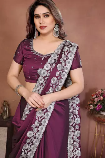 wine rangoli silk zari embroidered party wear saree