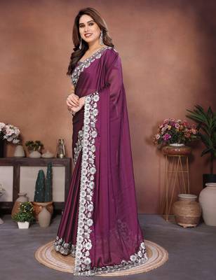 wine rangoli silk zari embroidered party wear saree 3