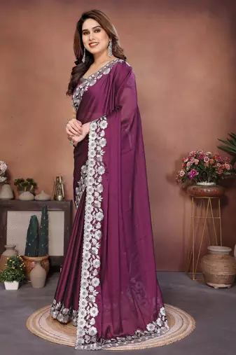 wine rangoli silk zari embroidered party wear saree
