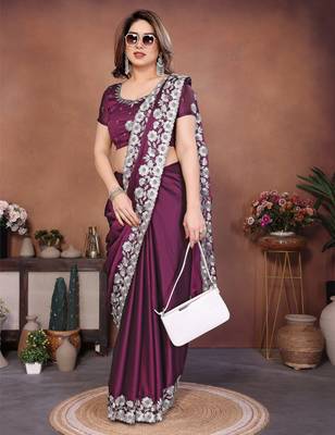 wine rangoli silk zari embroidered party wear saree 4