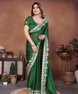 green rangoli silk zari embroidered party wear saree 4