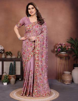 pink vichitra silk embroidered chain work saree 1