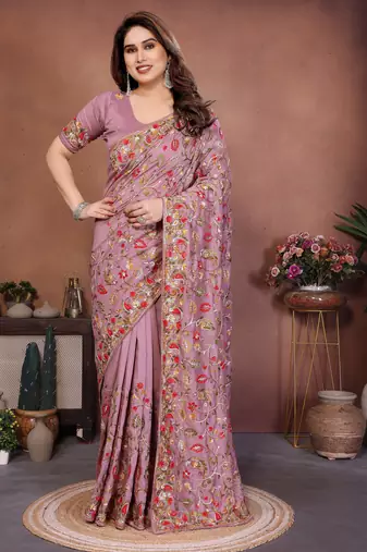 pink vichitra silk embroidered chain work saree
