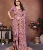 Enticing pink vichitra silk embroidery multi chain work indian designer traditional saree